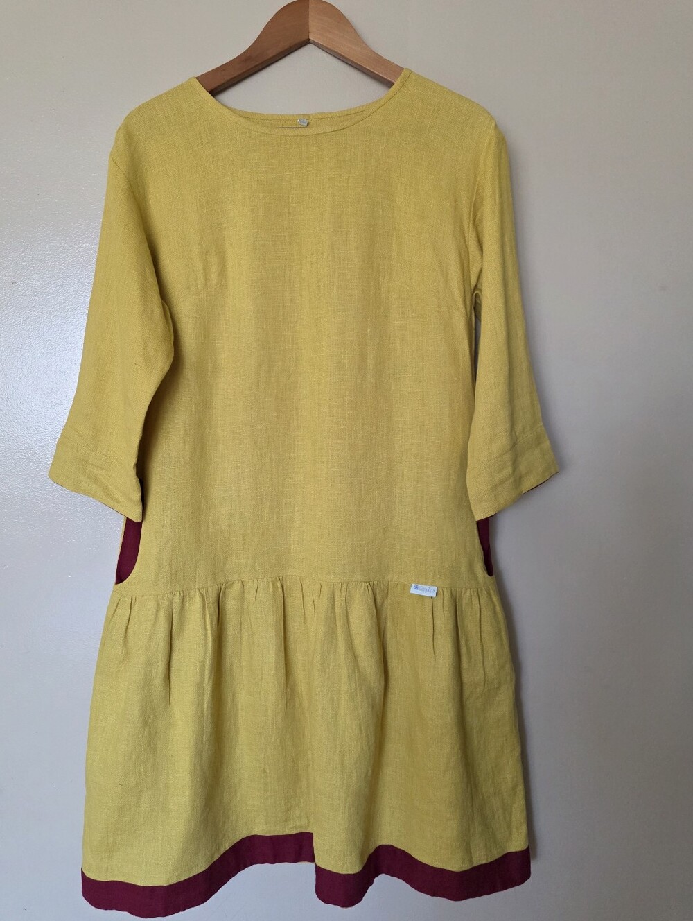 CozyBlue 100% Linen Drop Waist Dress Yellow Mustard Pockets  Lithuania Quirky